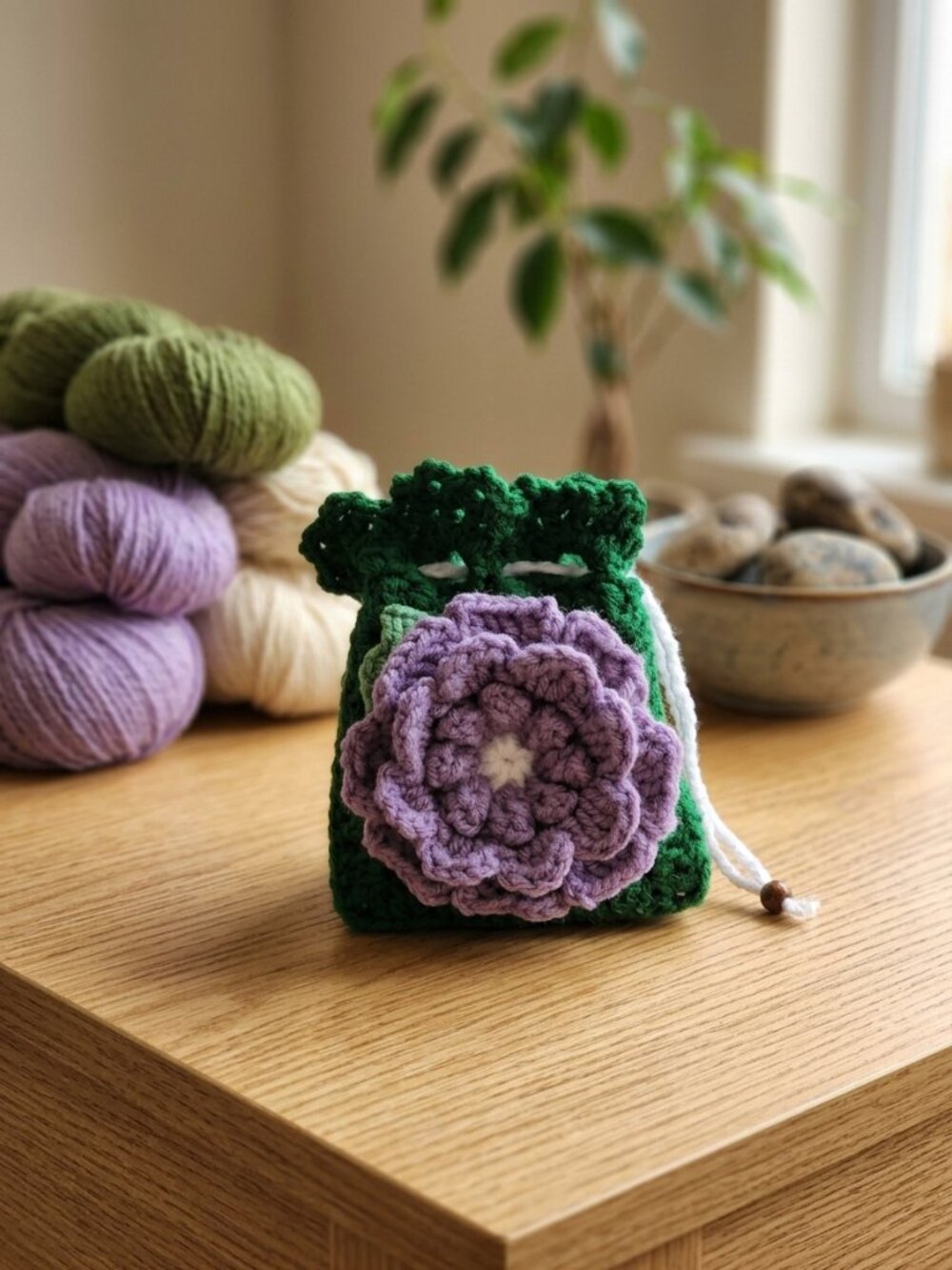 Crochet 3D Flower Coin Purse, Acrylic Drawstring Pouch, Sambazon Bead Accent New